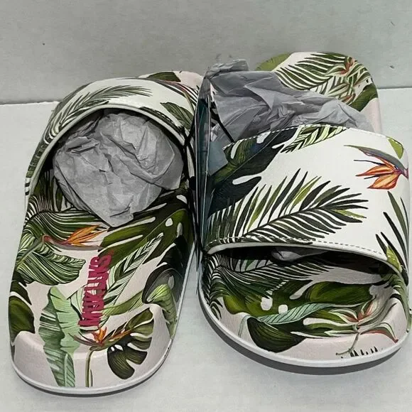 Muk Luks Women's Green White Tropical Slip On Slide Sandals Size Small 5-6 NWT - Picture 1 of 9